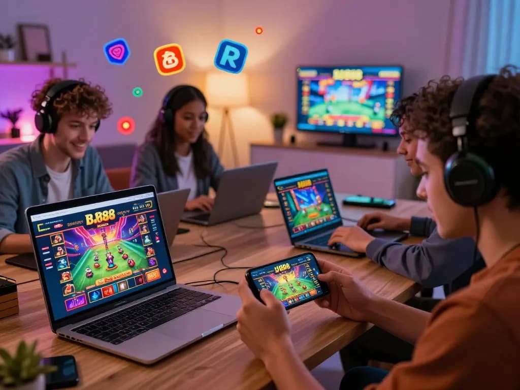 Exciting online gaming scene with players interacting with BJ888 casino platform on various devices, fostering a vibrant gaming community.