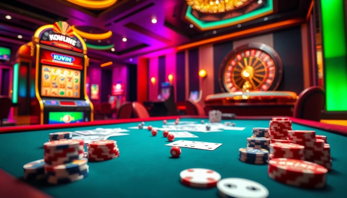Exciting gambling action at Nhà cái Kuwin casino with vibrant tables and games.