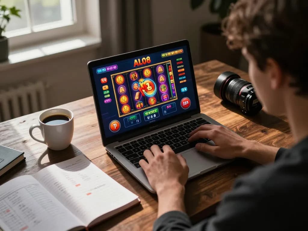 Player engaging with ALO8 slot game on laptop, focused on betting strategies in cozy home setting