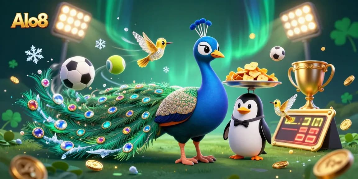 Alo8 features an elegant peacock alongside a butler penguin and a hummingbird, set in a dynamic casino atmosphere.