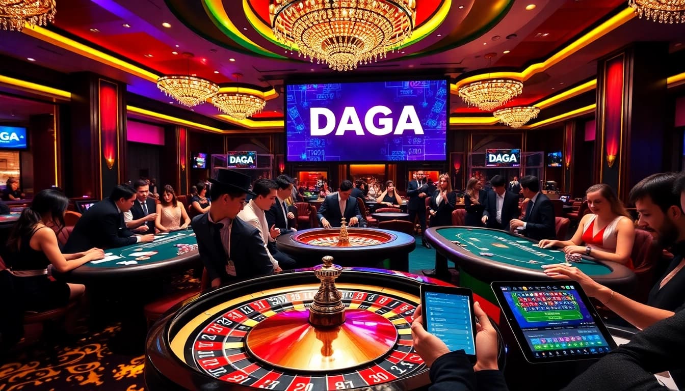 Dive into the thrilling world of DAGA with an exciting casino scene featuring poker tables and roulette.