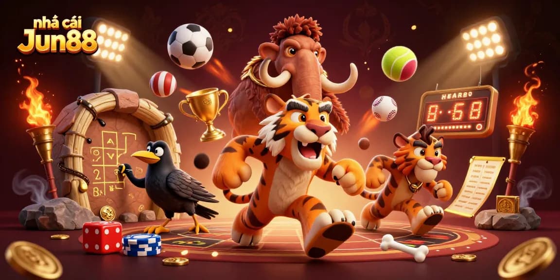Join the excitement with nhà cái Jun88: A vibrant 3D cartoon scene of prehistoric gambling.