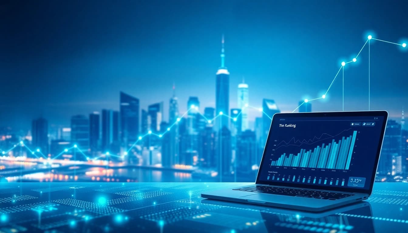 Visual representation of SEO-Ranking metrics with futuristic city skyline and data illustrations.