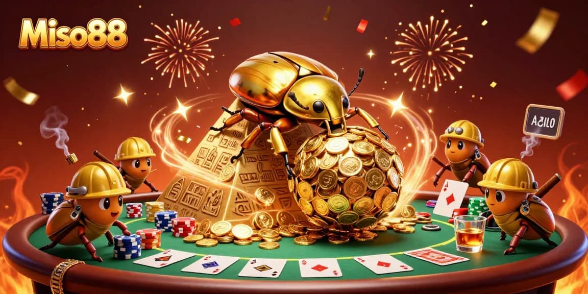 Experience thrilling gameplay at Miso88 with a vibrant 3D scene of golden beetles amidst casino elements.
