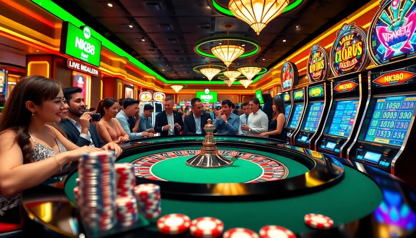 NK88 online gambling scene showcasing players at a roulette table with vibrant color and excitement.