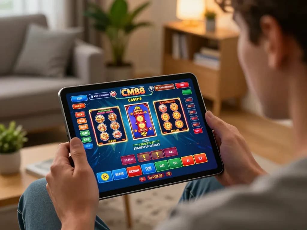 Engaging with CM88 online casino gaming on a tablet in a cozy living room.