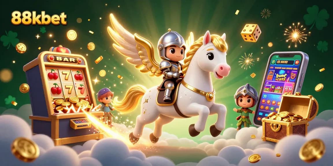 Experience the excitement at 88kbet with a charming knight riding a celestial horse amidst vibrant casino elements.