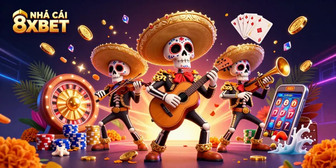 Experience the excitement at NHÀ CÁI 8XBET with lively skeleton mariachi, golden coins, and vibrant casino games.