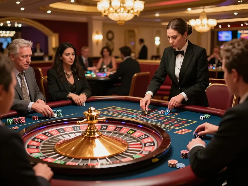 Engaged players enjoying roulette at an iwin casino, with chips and a spinning wheel creating excitement.