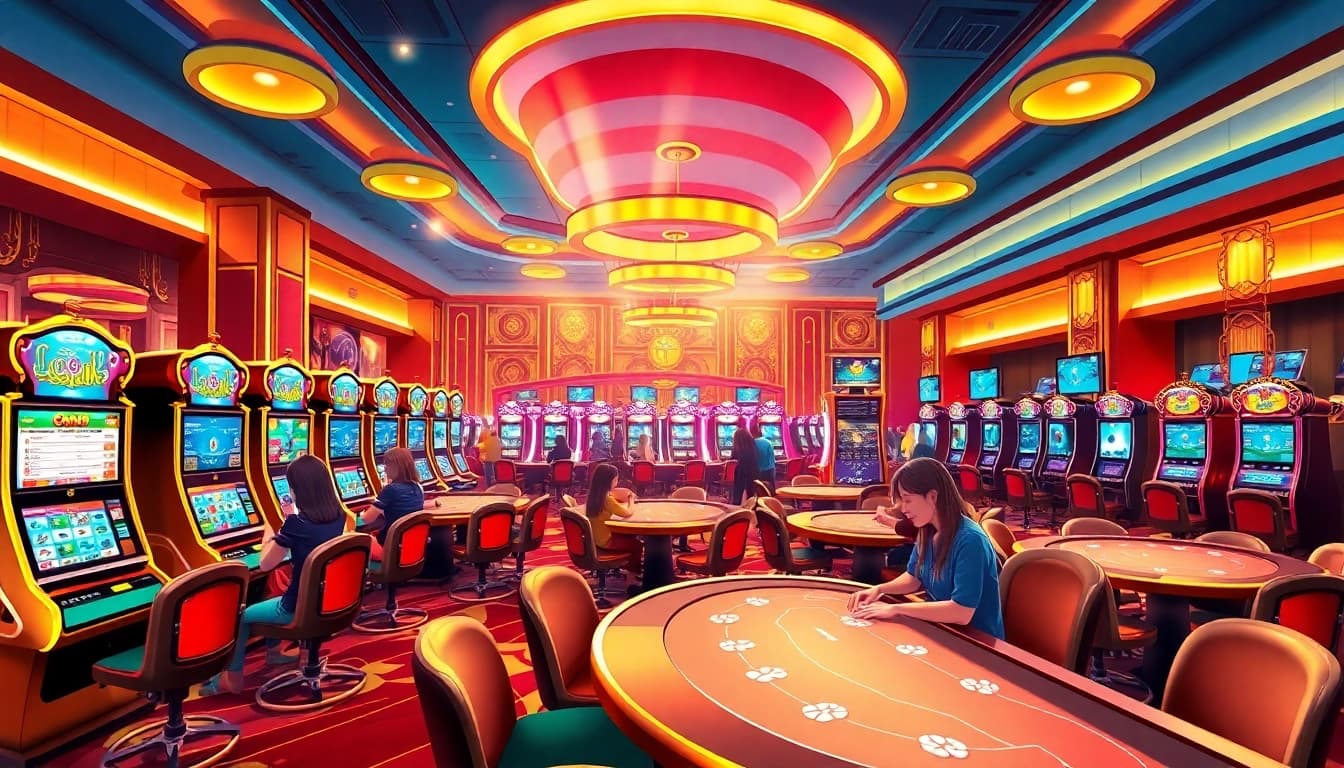 LolaJack Casino mit modernen Spielautomaten und glücklichen Spielern in einer eleganten Umgebung.