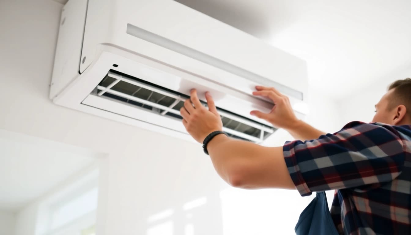 Klimaanlagen installieren lassen: Professional installing an air conditioning unit in a bright, modern home.