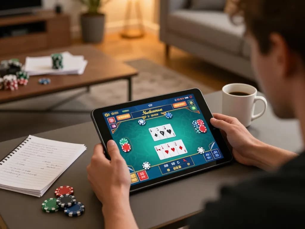 Engaging in poker on the trang chủ UU88 platform with warm home atmosphere and strategic notes.