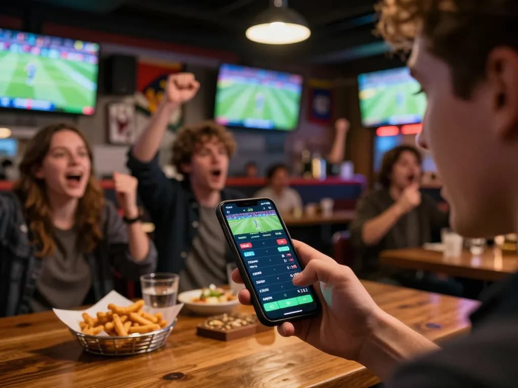 Engaged player utilizing the nhà cái 88GO app for exciting sports betting experience in a lively social environment