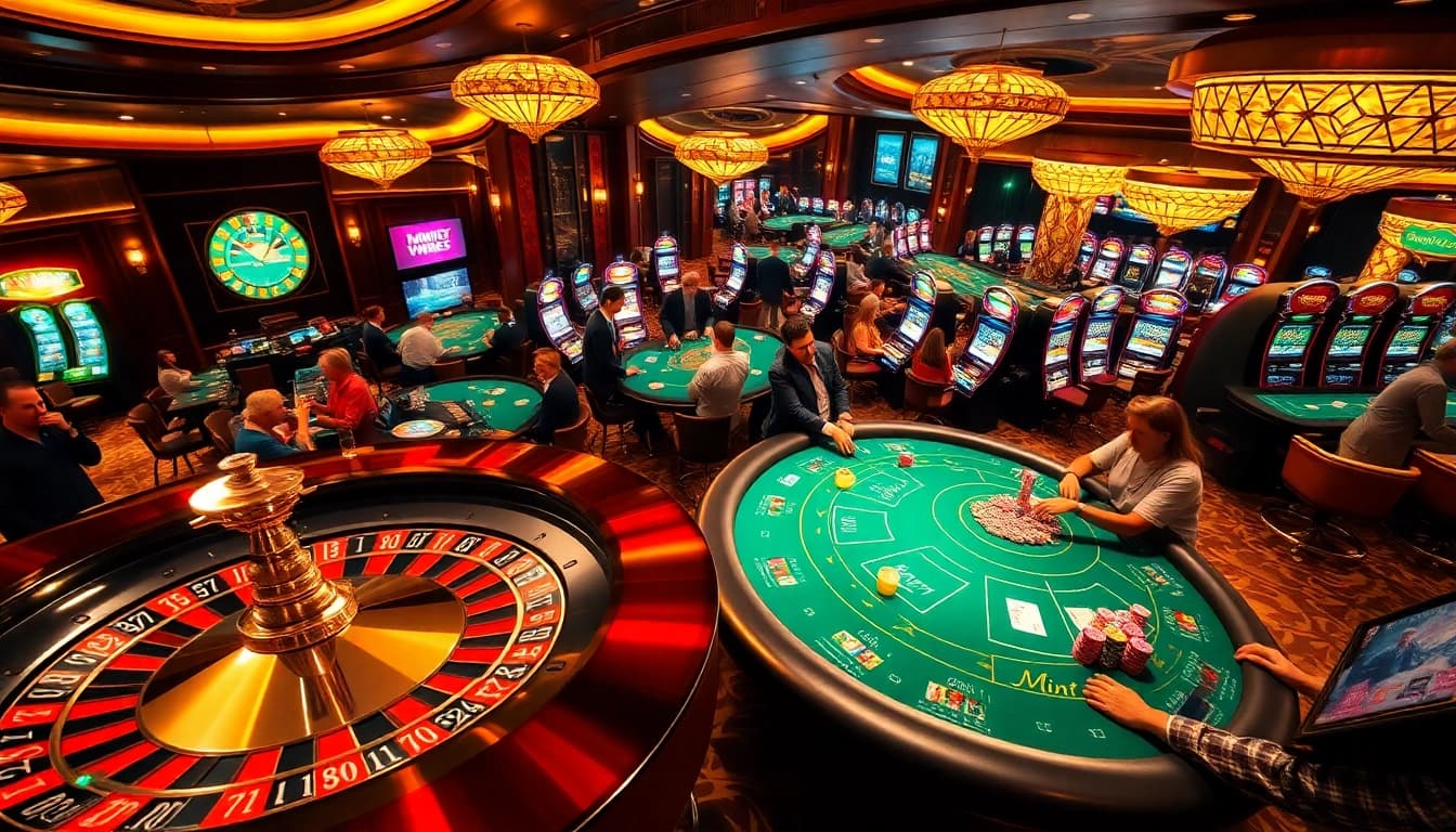 Experience the thrill of mint88 as players enjoy a vibrant casino scene with poker and roulette.