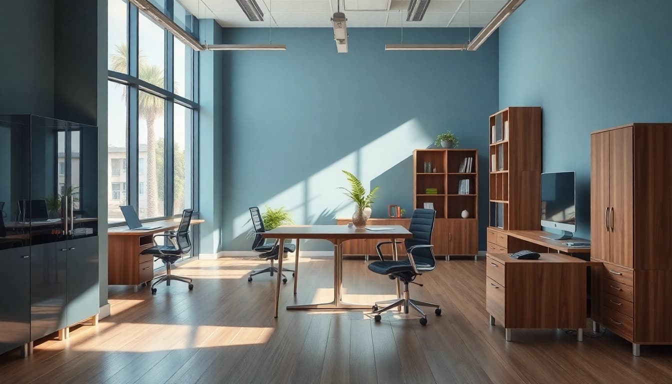 Modern eingerichtetes Büro mit stilvollen Büromöbeln, darunter ein höhenverstellbarer Schreibtisch und ergonomische Stühle.