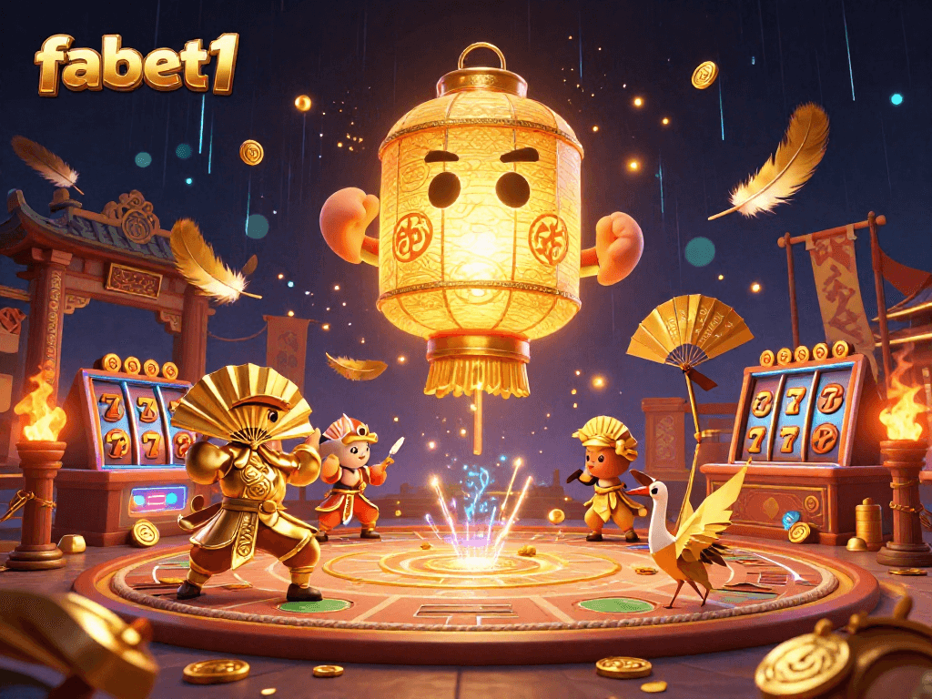 Experience fabet1's exciting night market casino atmosphere filled with golden lanterns, warriors, and slot reels.