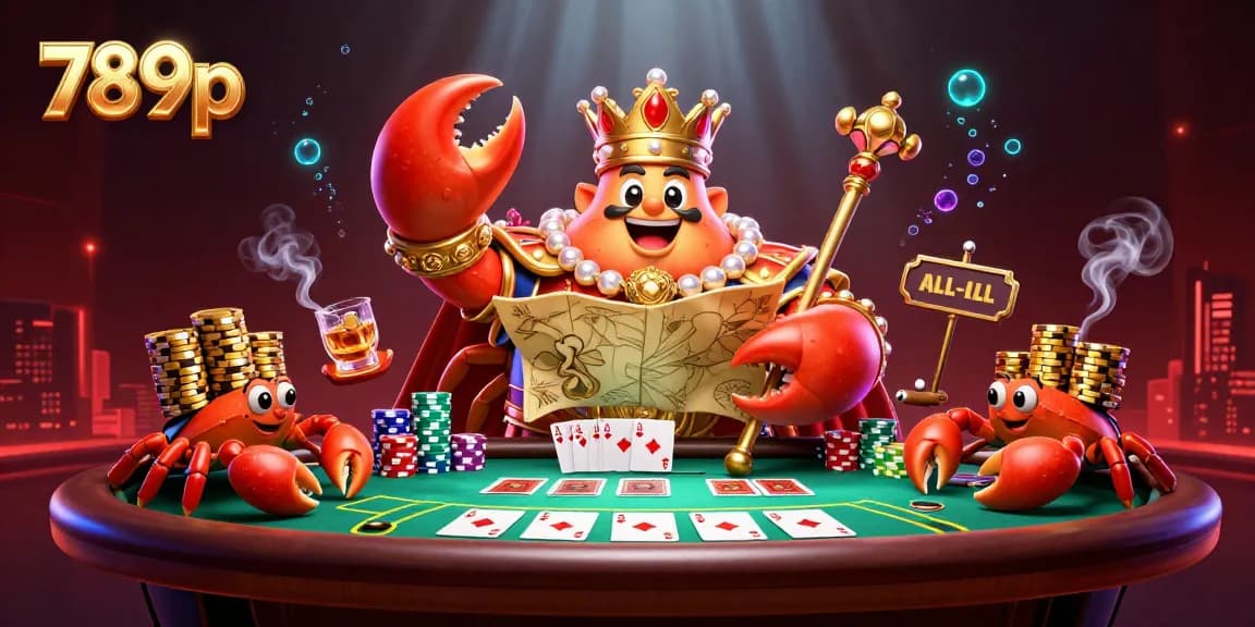 Engage in thrilling poker with 789p, featuring a regal crab emperor amidst vibrant casino elements.