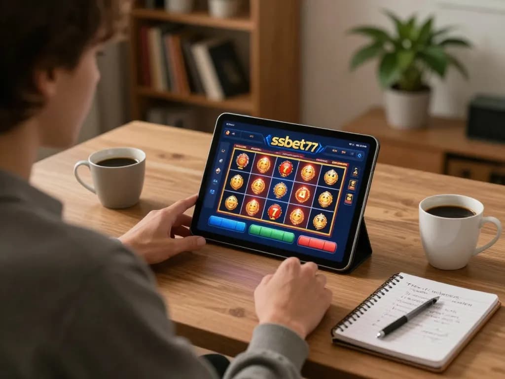 Engaging player enjoying ssbet77 online gaming on a tablet at home, showcasing strategic gameplay.