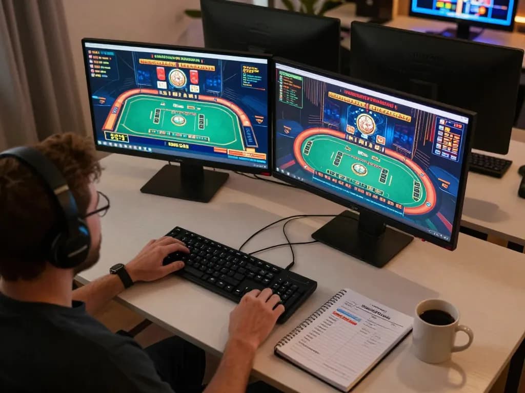 A player engages with games on g28.store using dual monitors for an immersive online casino experience.