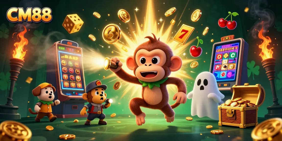 Experience thrilling gambling at CM88 with a lively 3D illustration of a ghost monkey juggling golden casino games.
