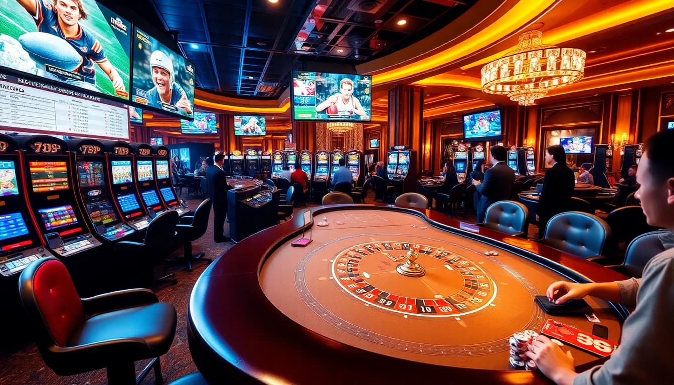 Experience the thrill of 789P in a vibrant casino setting with tables and slot machines.