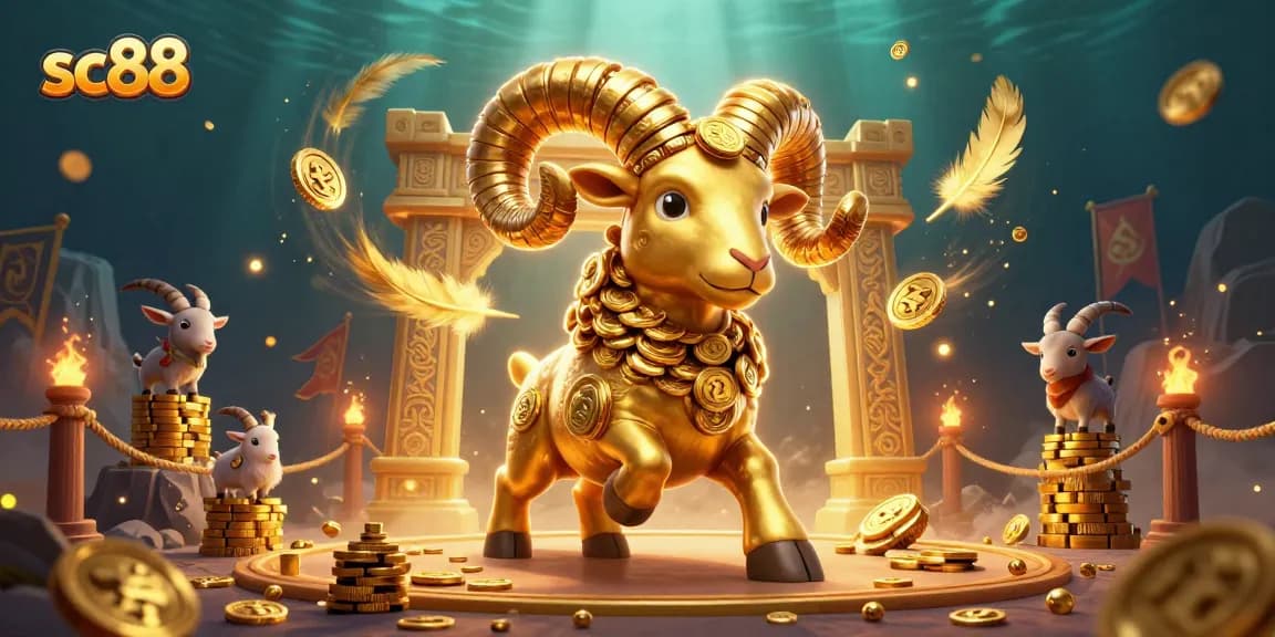 Experience the thrill of sc88 with a golden ram charging towards fortune in a vibrant 3D casino scene.