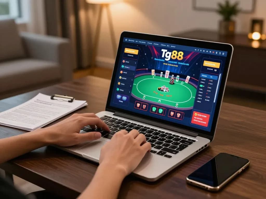 Engaged player navigating the tg88 online poker interface from a stylish home setup.
