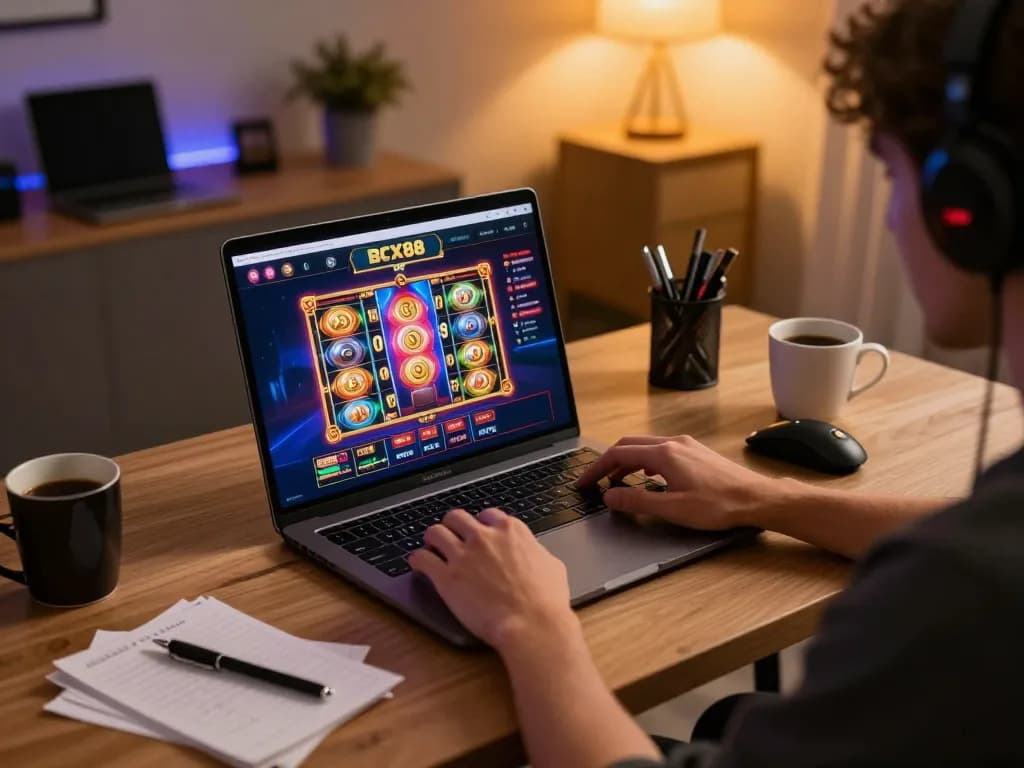 Engaging BCX88 online gaming experience with a laptop displaying slots and live dealer