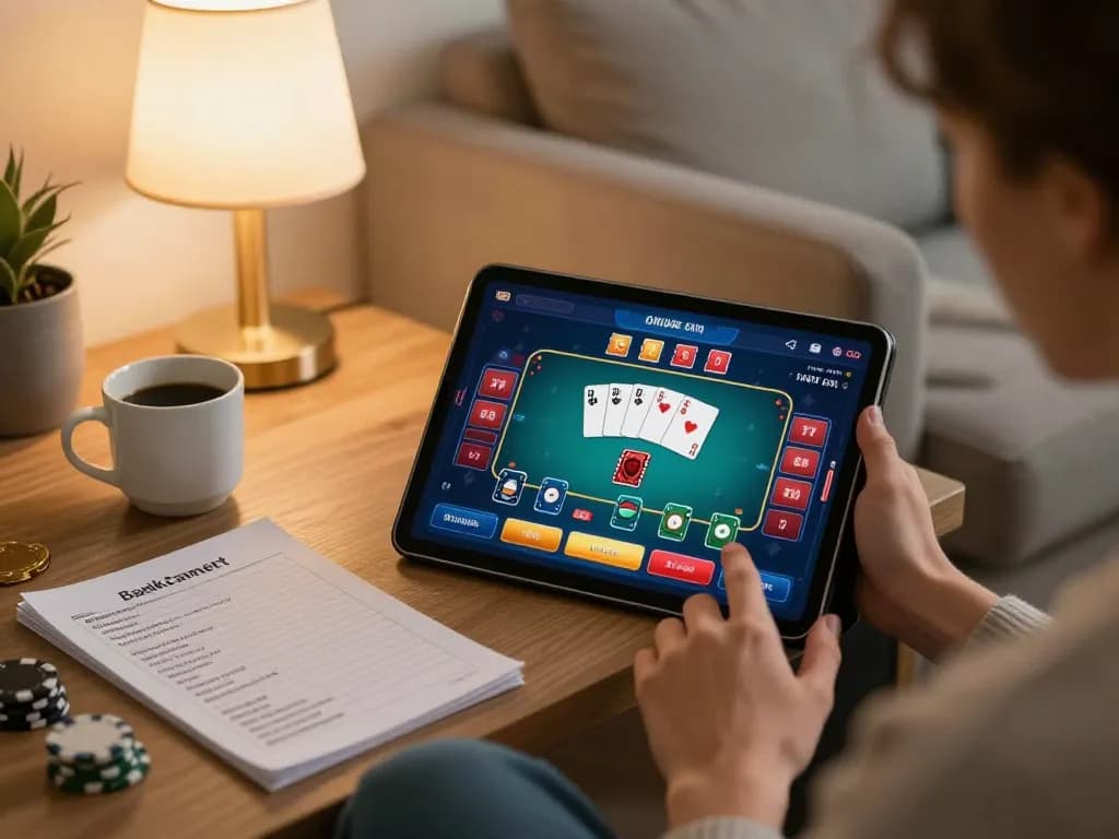 Engaged player at home using tablet on nhà cái uy tín CM88 for online poker, illustrating strategic gameplay.