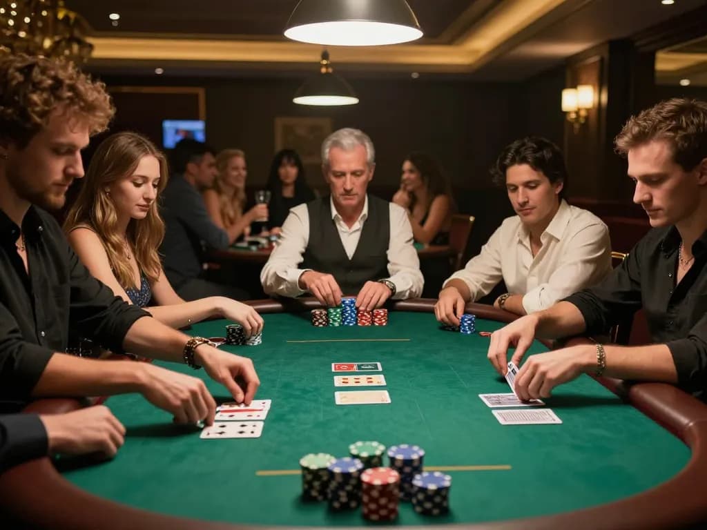 Players engaging in a strategic poker game at LLWIN casino with stacked chips and focused expressions.
