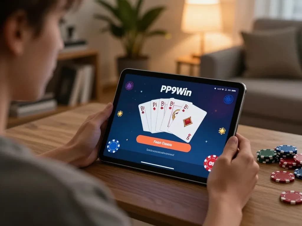 PP9Win Login on tablet during intense home gaming session with cozy atmosphere.