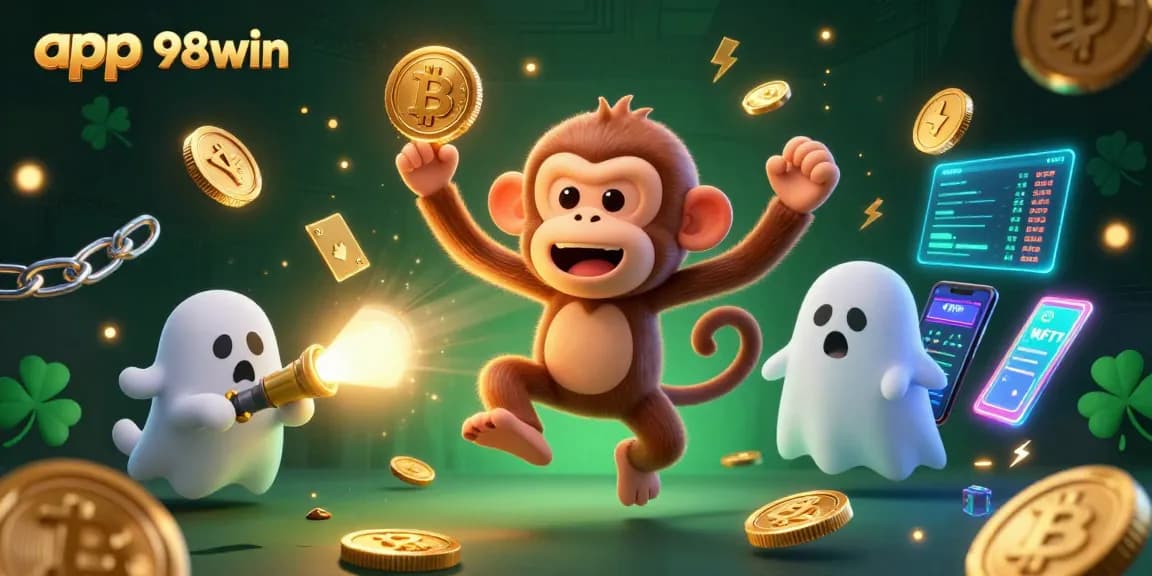 Experience the thrill of app 98win through a lively casino scene featuring a playful poltergeist monkey and a ghost-hunter puppy.