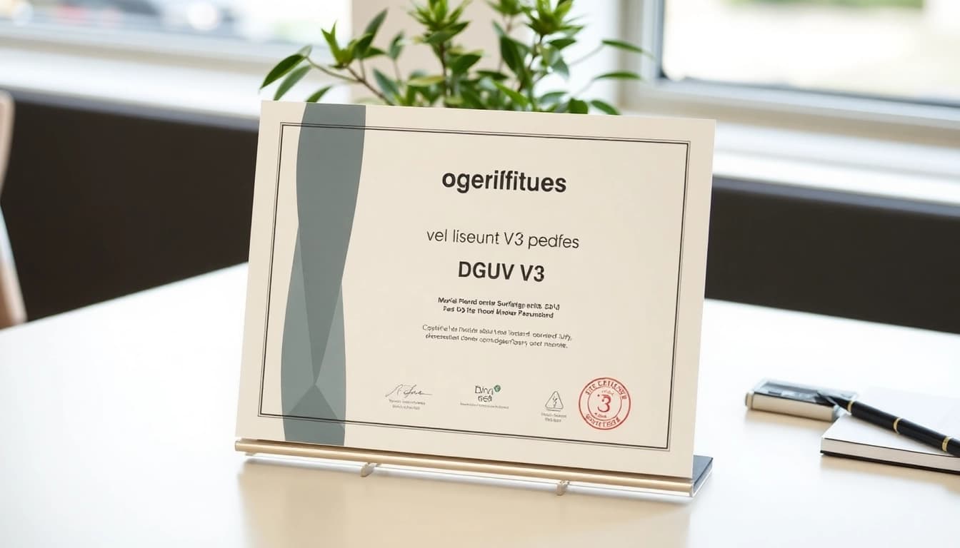 Professioneller Prüfbericht zur DGUV V3 Prüfung auf einem Schreibtisch mit Blume im Hintergrund.