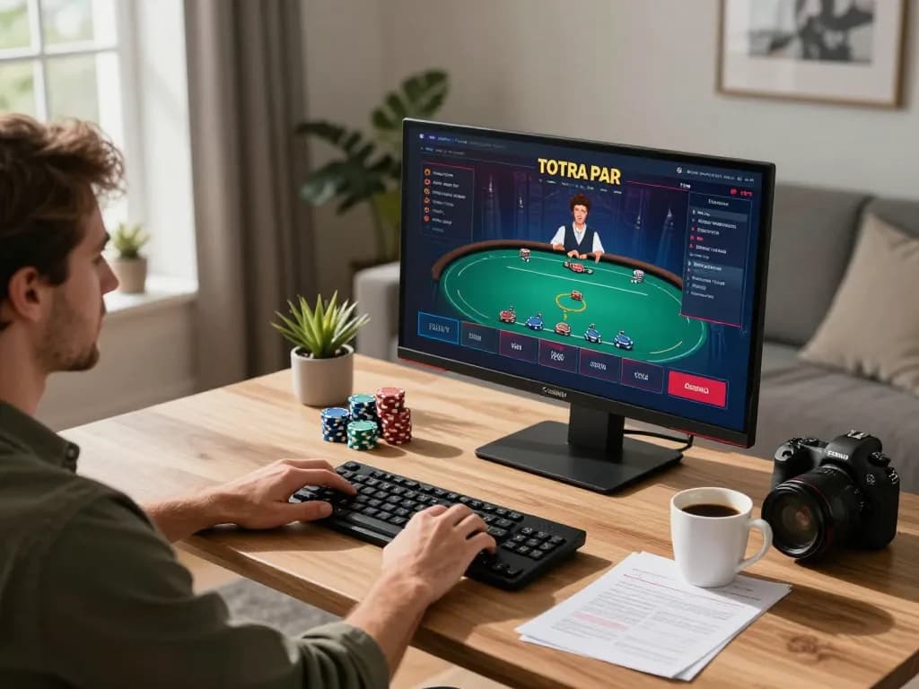 HZ88 online casino setup with player focused on poker game interface, chips and coffee mug present.