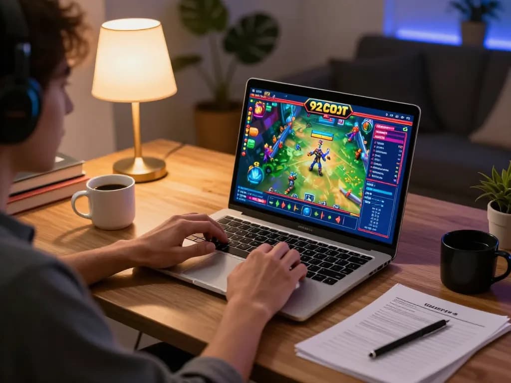 Player enjoying 92slot online gaming at cozy desk with colorful laptop screen and betting notes.