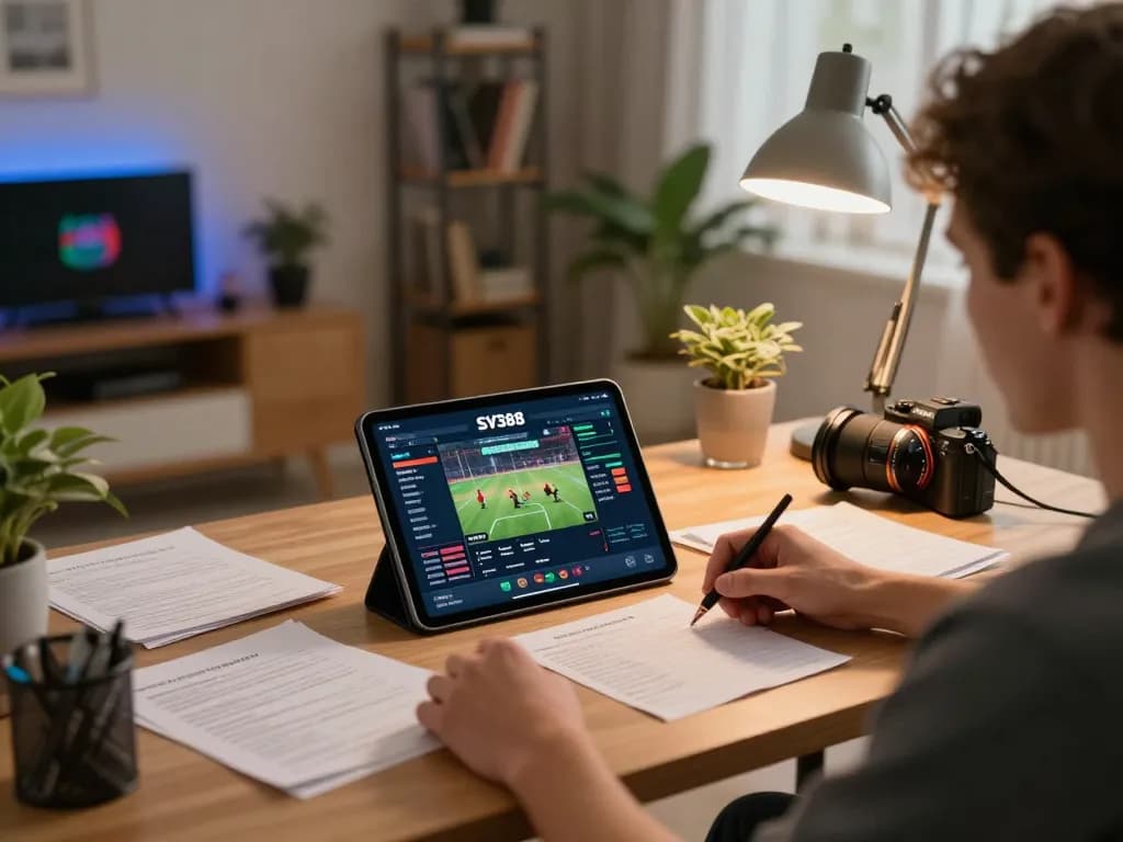 Person using SV388 app on a tablet with live betting interface in a cozy home setting