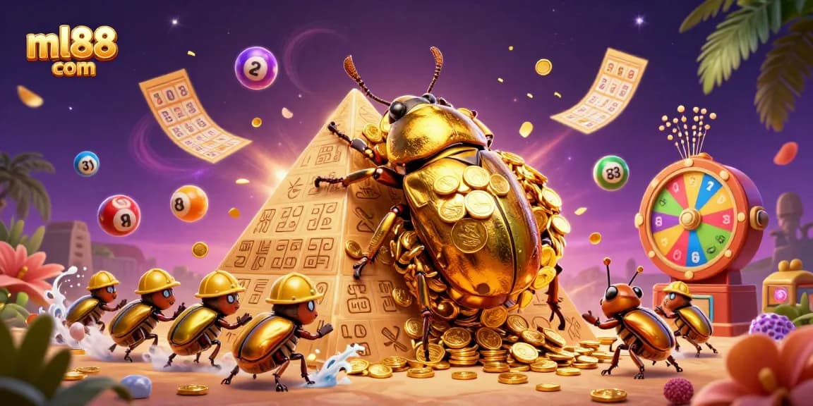 Experience the thrill of gaming with ml88 com as golden beetles roll coins and lottery balls fly.