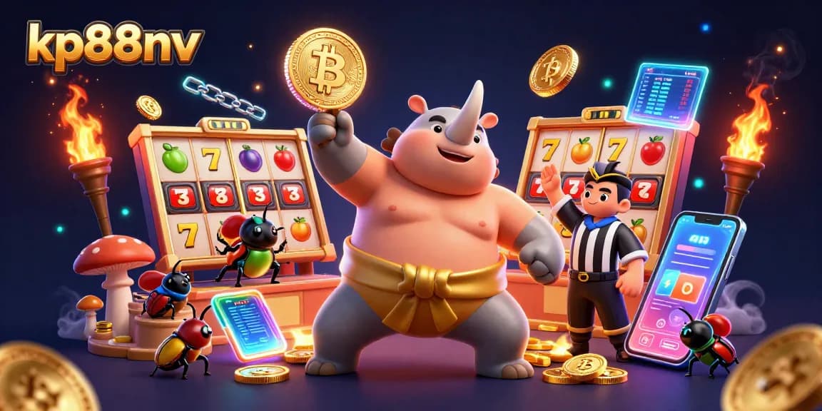 Experience thrilling gameplay at kp88nv with a vibrant 3D illustration of a sumo beetle champion among casino elements.
