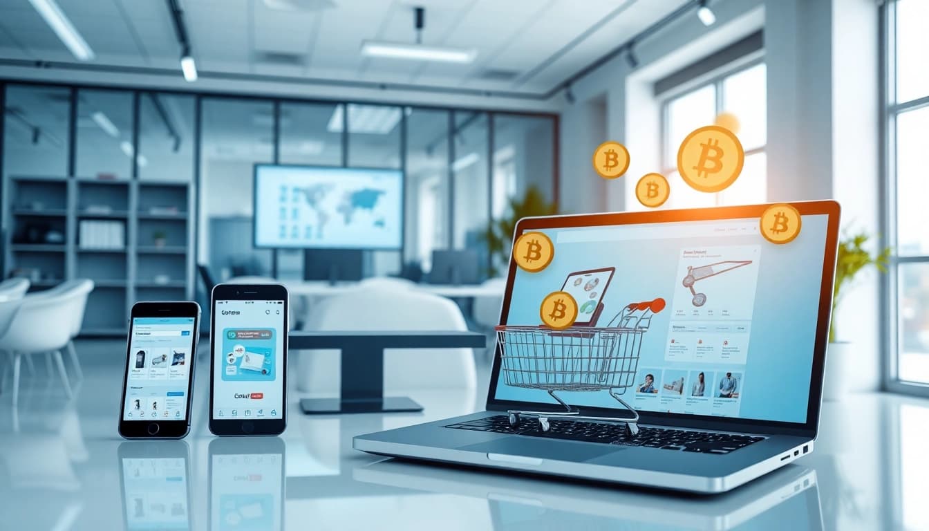 Trust-Webshop, der moderne E-Commerce-Geräte und Kryptowährungsintegration zeigt.