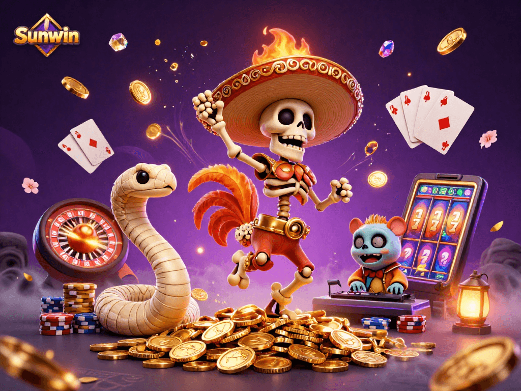 Sunwin's vibrant scene featuring a victorious mariachi rooster amidst cascading coins and slot machine reels.