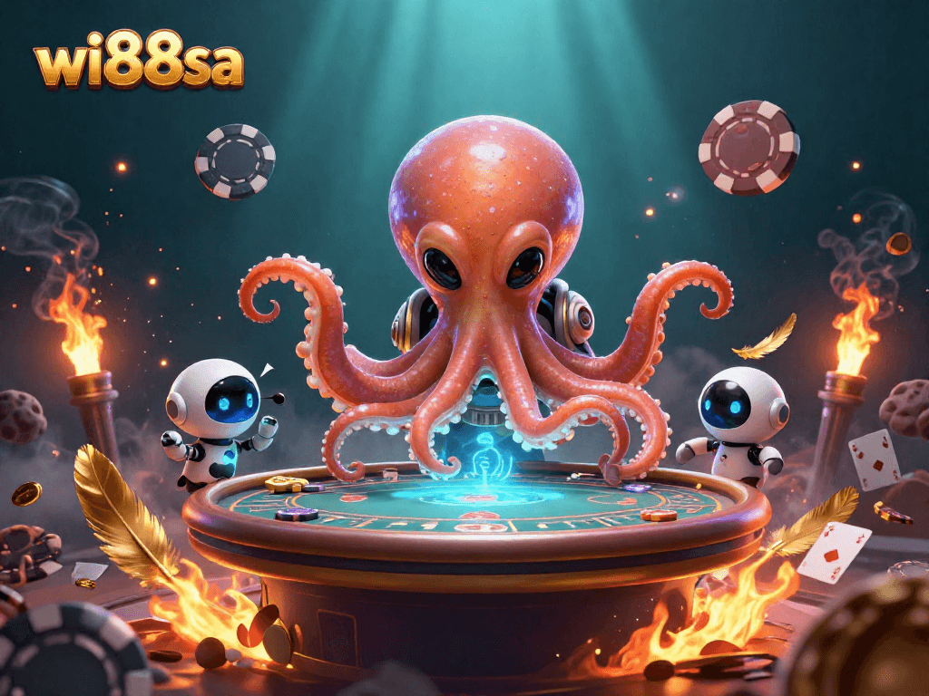 Experience wi88sa gameplay with a vibrant 3D octopus dealer at a dynamic poker table.
