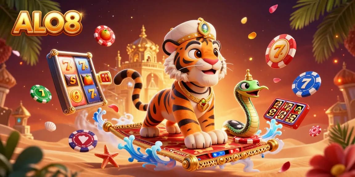 Experience thrilling gaming at ALO8 with vibrant slot reels and packed casino elements.