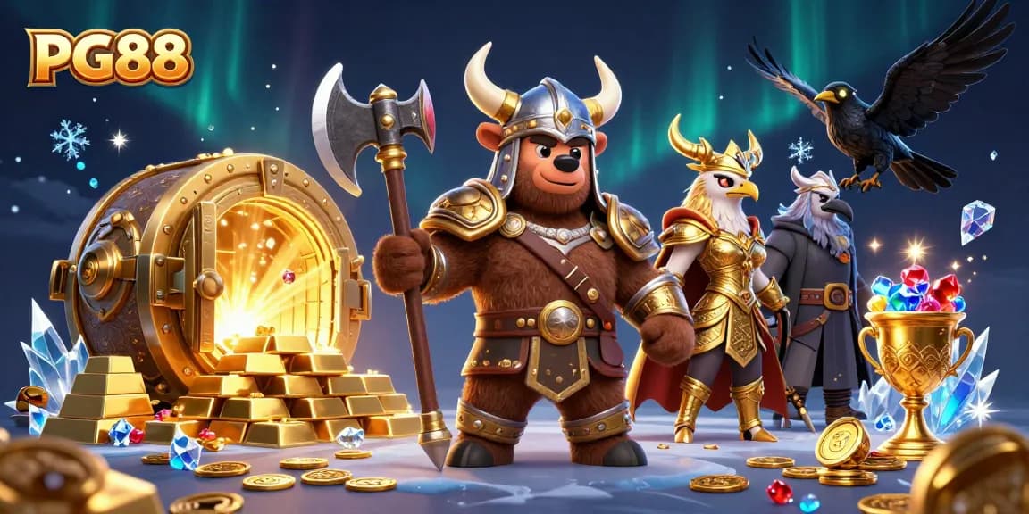 Experience thrilling wins at PG88, featuring 3D Viking bear and Valkyrie in a dazzling casino scene.