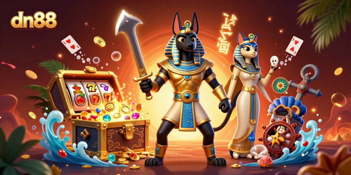 Experience thrilling gaming moments with dn88's vibrant 3D Egyptian-themed illustration.