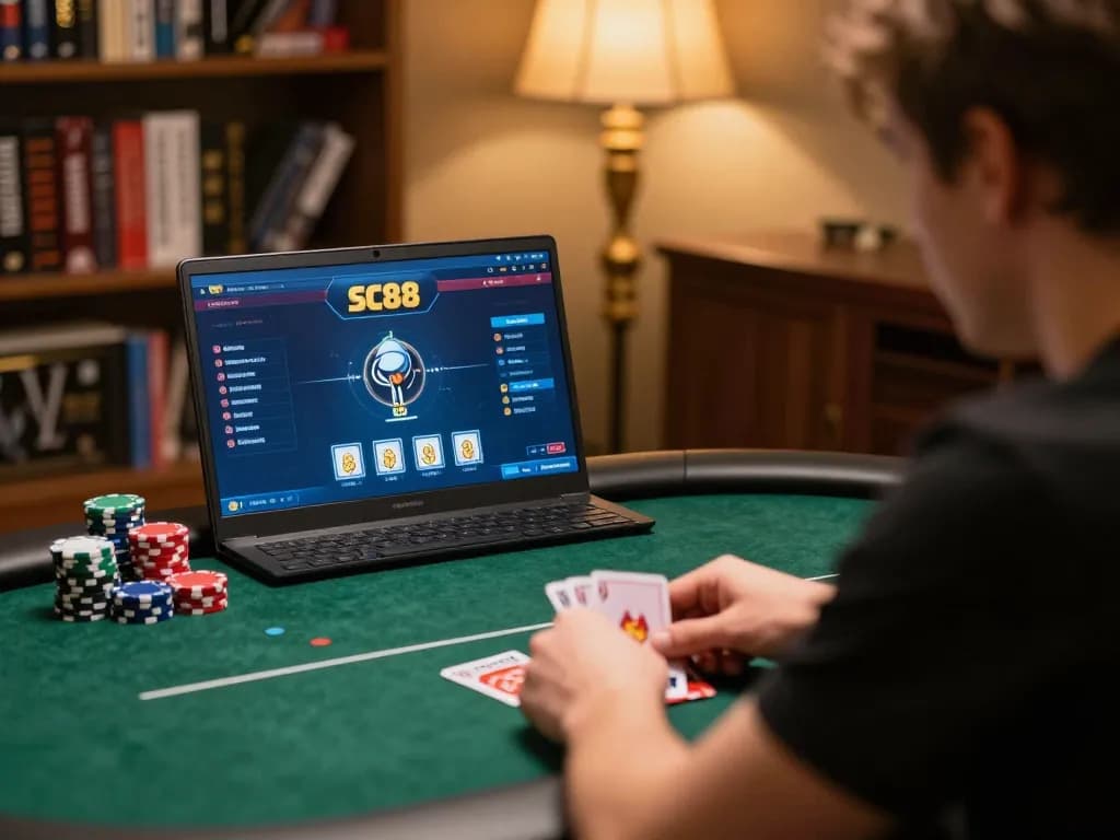 Player engaging in a SC88 online poker game with chips and cards visibly placed