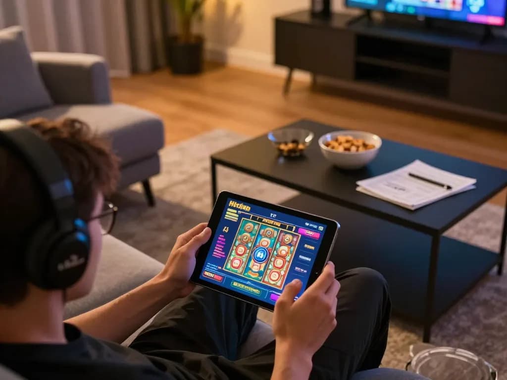 Engaging player enjoying Hitclub mobile gaming experience on tablet in cozy home setting