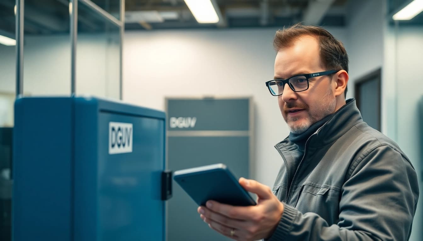 Techniker führt eine DGUV V3 Prüfung an einem elektrischen Gerät durch, um die Sicherheit am Arbeitsplatz zu gewährleisten.