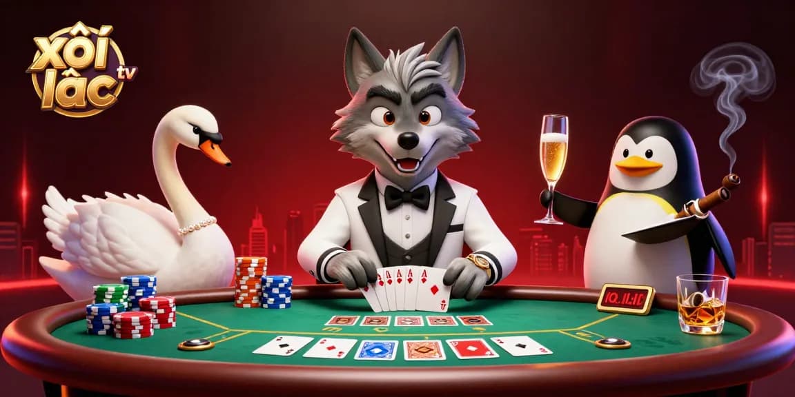 xôi lạc tv players enjoying a vibrant casino scene filled with colorful poker elements and characters.