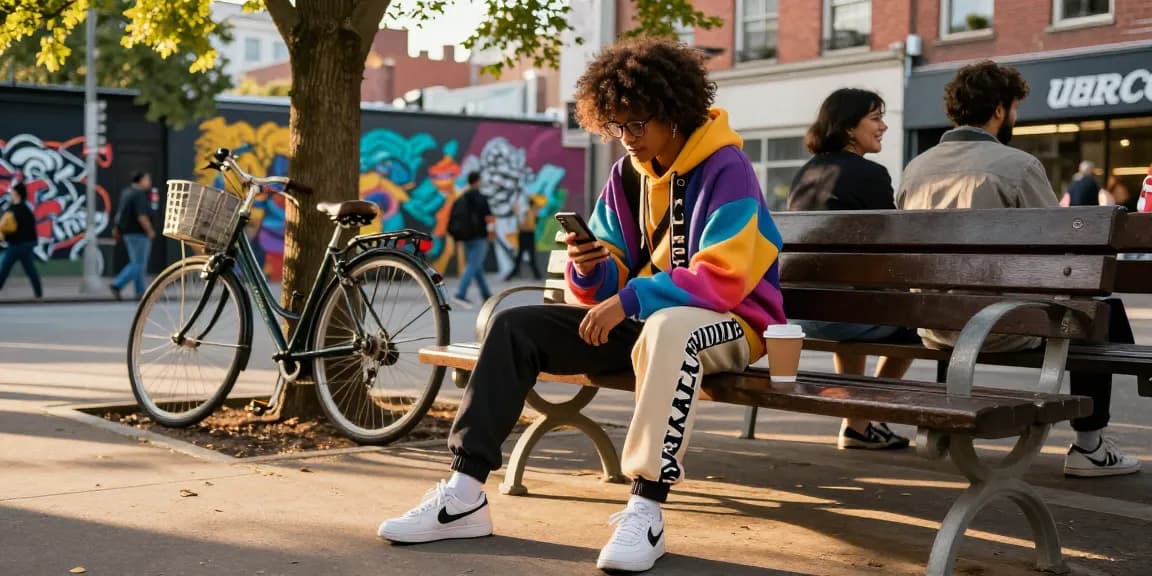 The vibrant urban lifestyle scene showcases rokok88 fashion trends, featuring a stylish individual enjoying coffee outdoors in a colorful outfit.