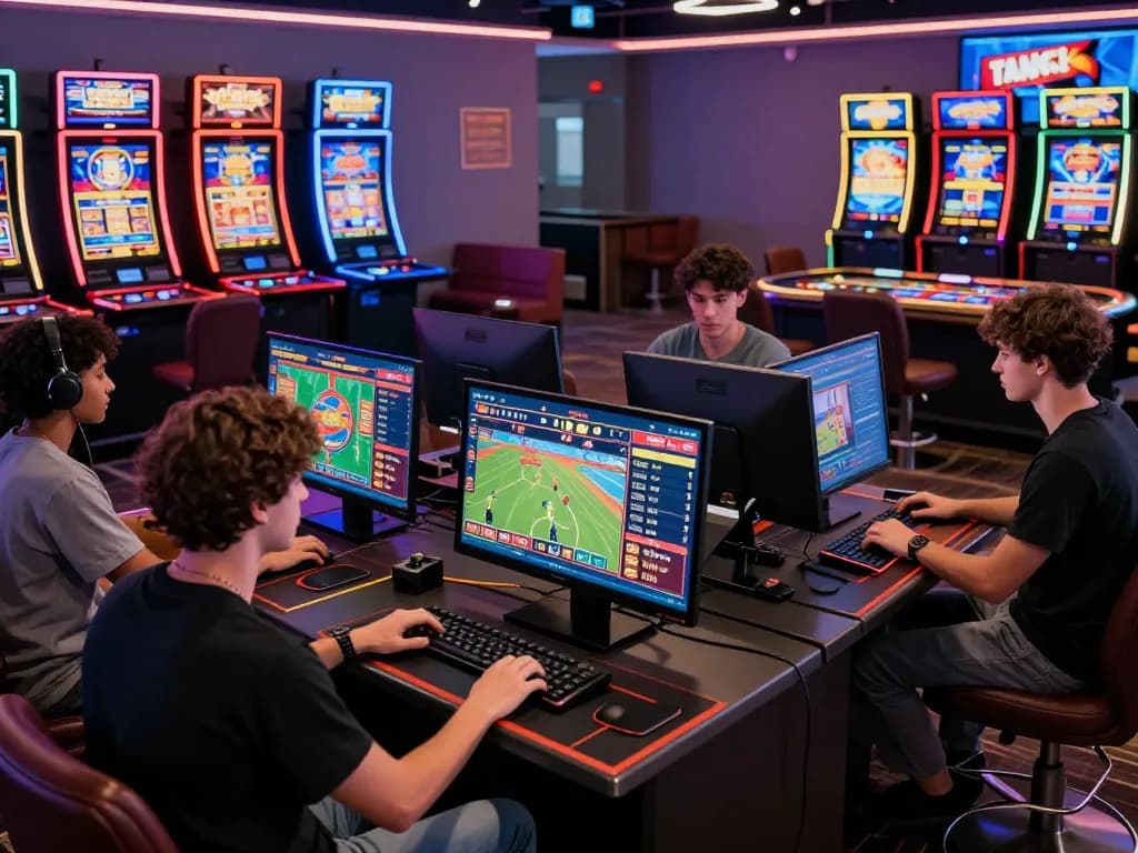 Engaged players at https://fabet.money/ enjoying diverse online betting games in a vibrant gaming lounge.